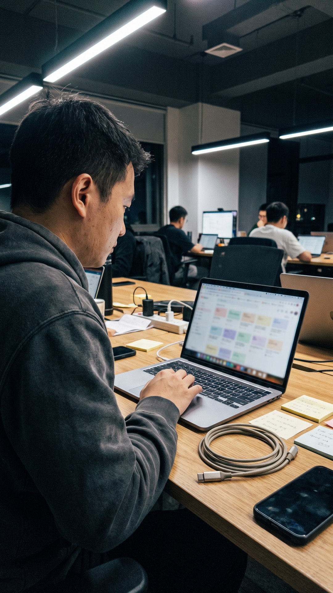 A founder works late at a co-working desk, his braided prototype cable coiled beside the laptop as logo drafts glow on screen.