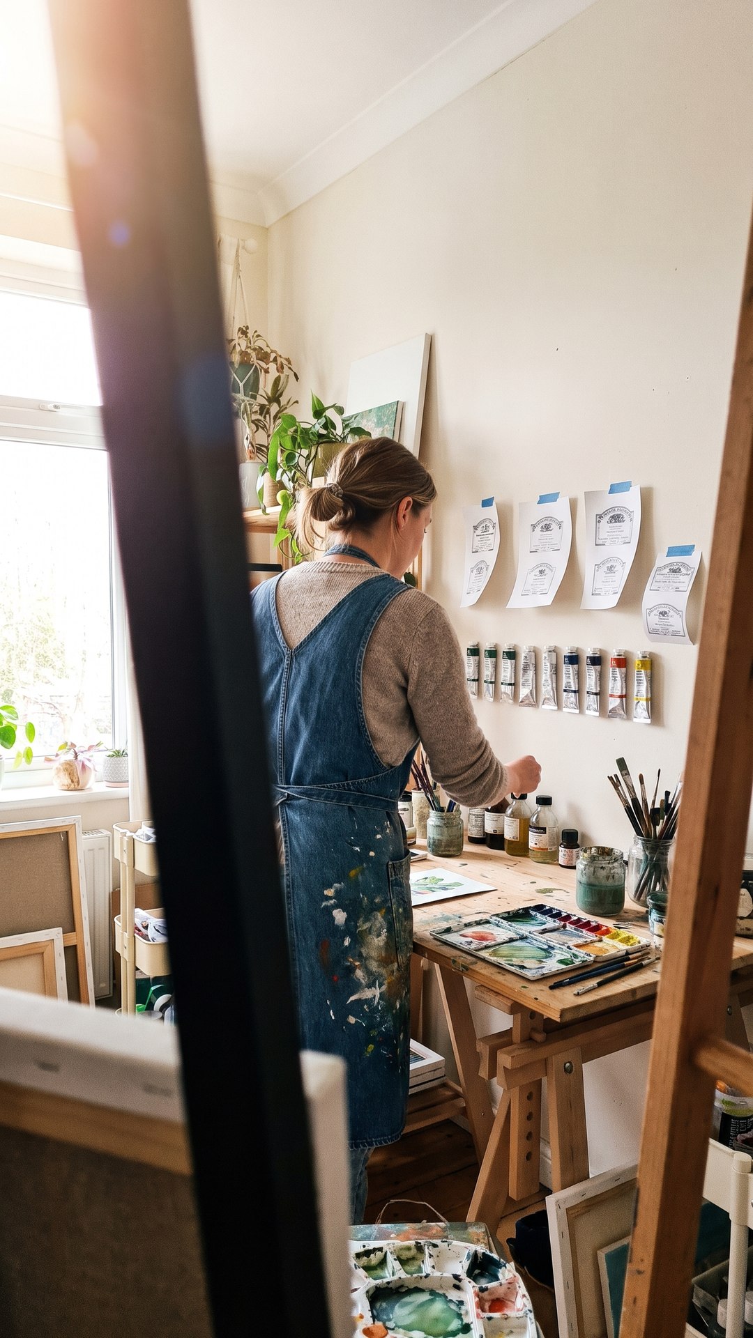 A painter with paint on her apron studies label proofs taped to her home studio wall above rows of paint tubes.