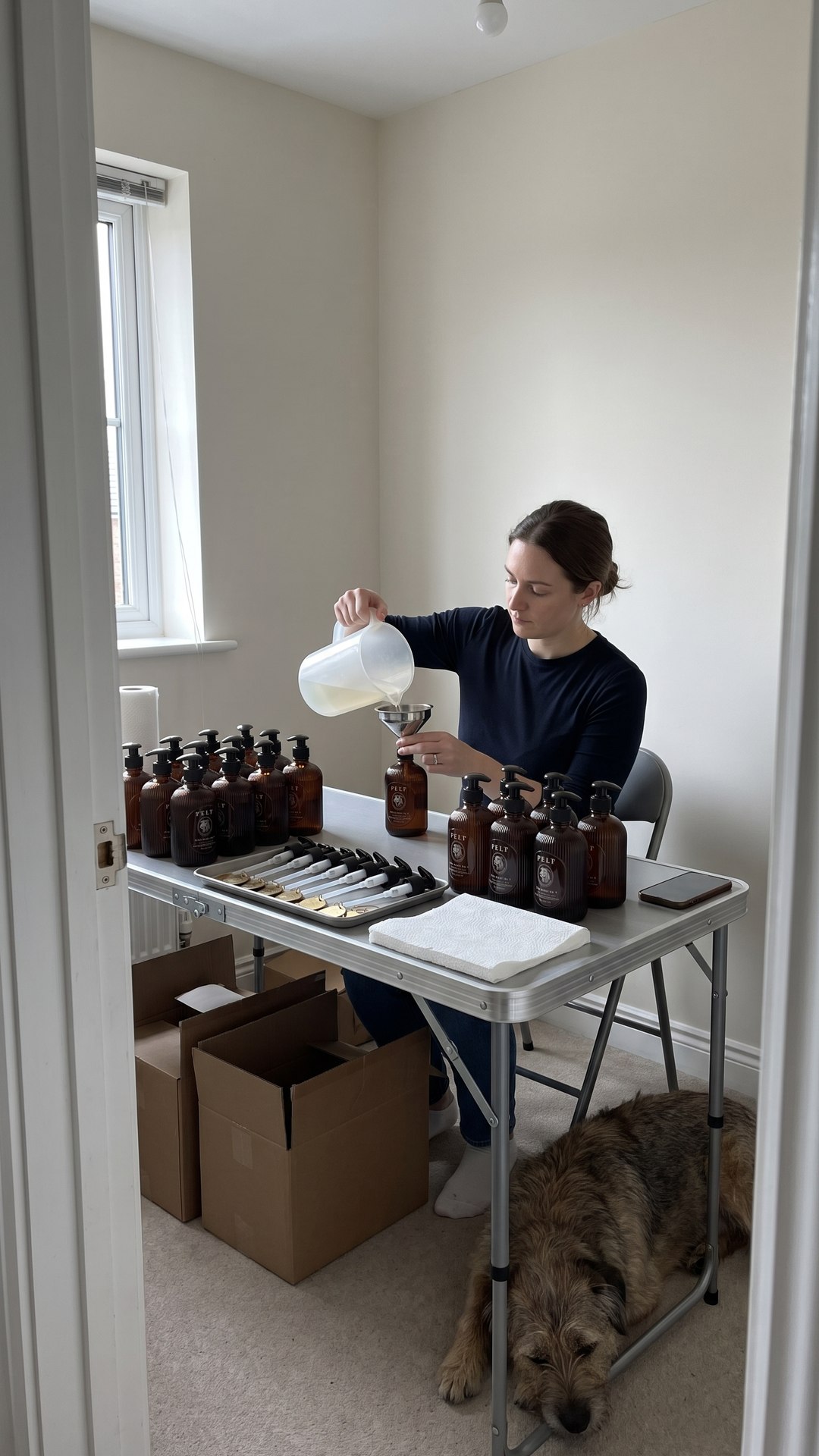 A founder fills shampoo bottles through a funnel at a folding table in a spare room, her dog asleep at her feet.