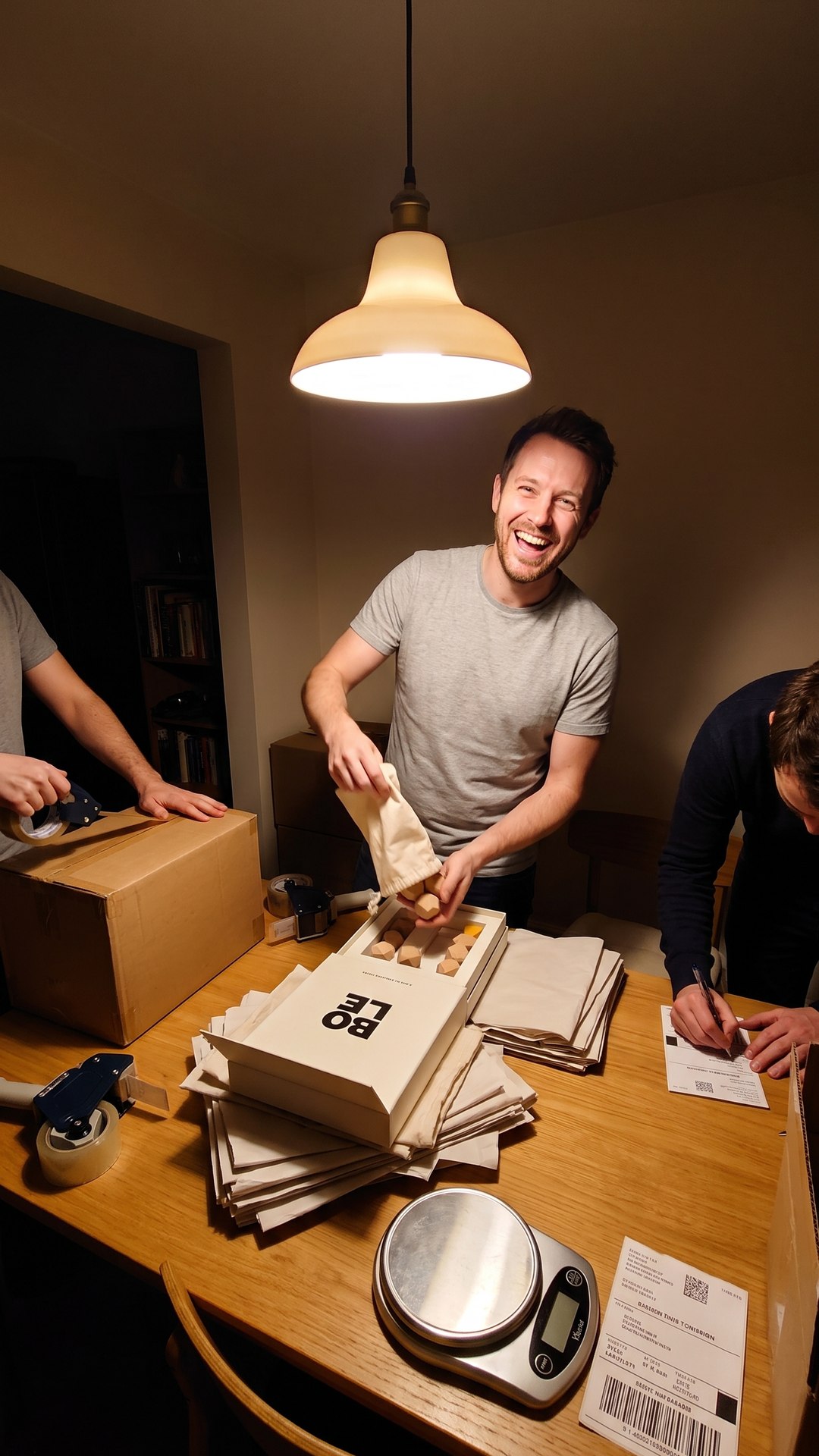 A founder laughs up at the camera while he and two friends hand-pack game boxes on a dining table at night.
