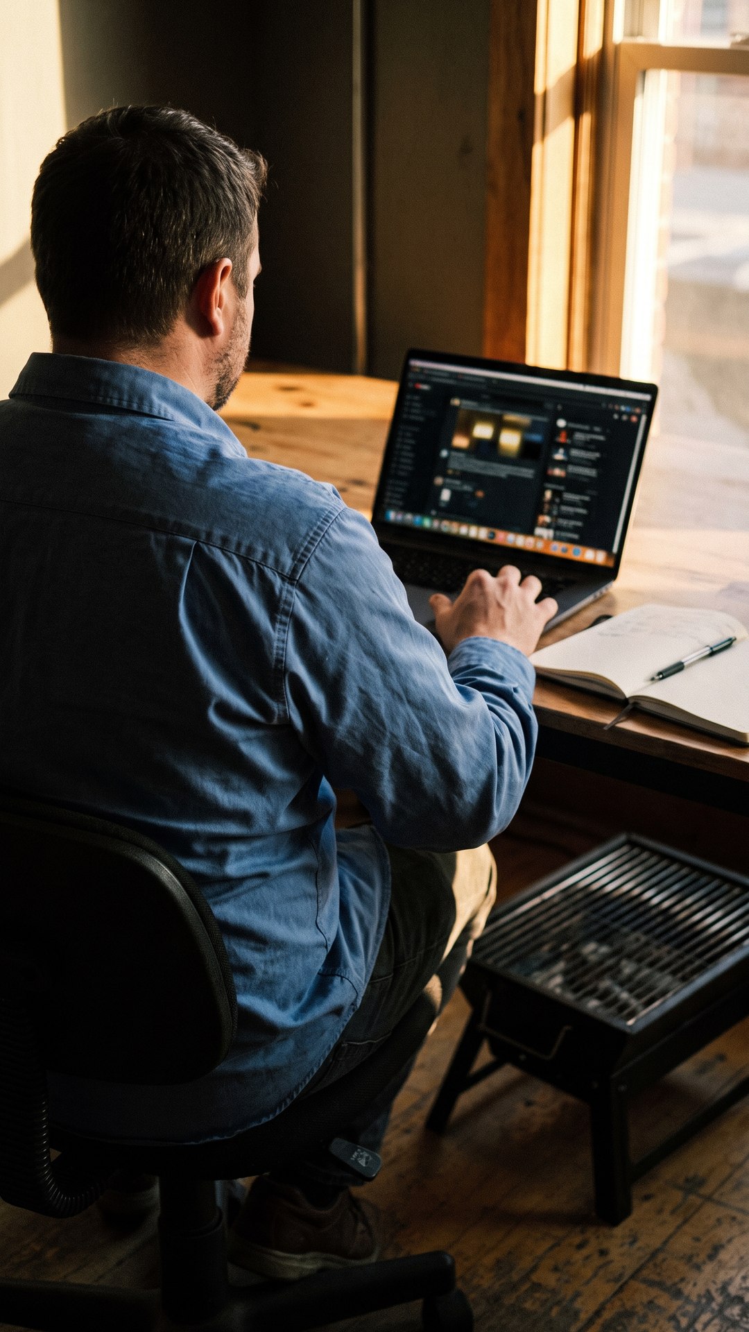 A founder builds an ad campaign at his desk in late-afternoon light, his assembled hibachi grill on the floor beside him.