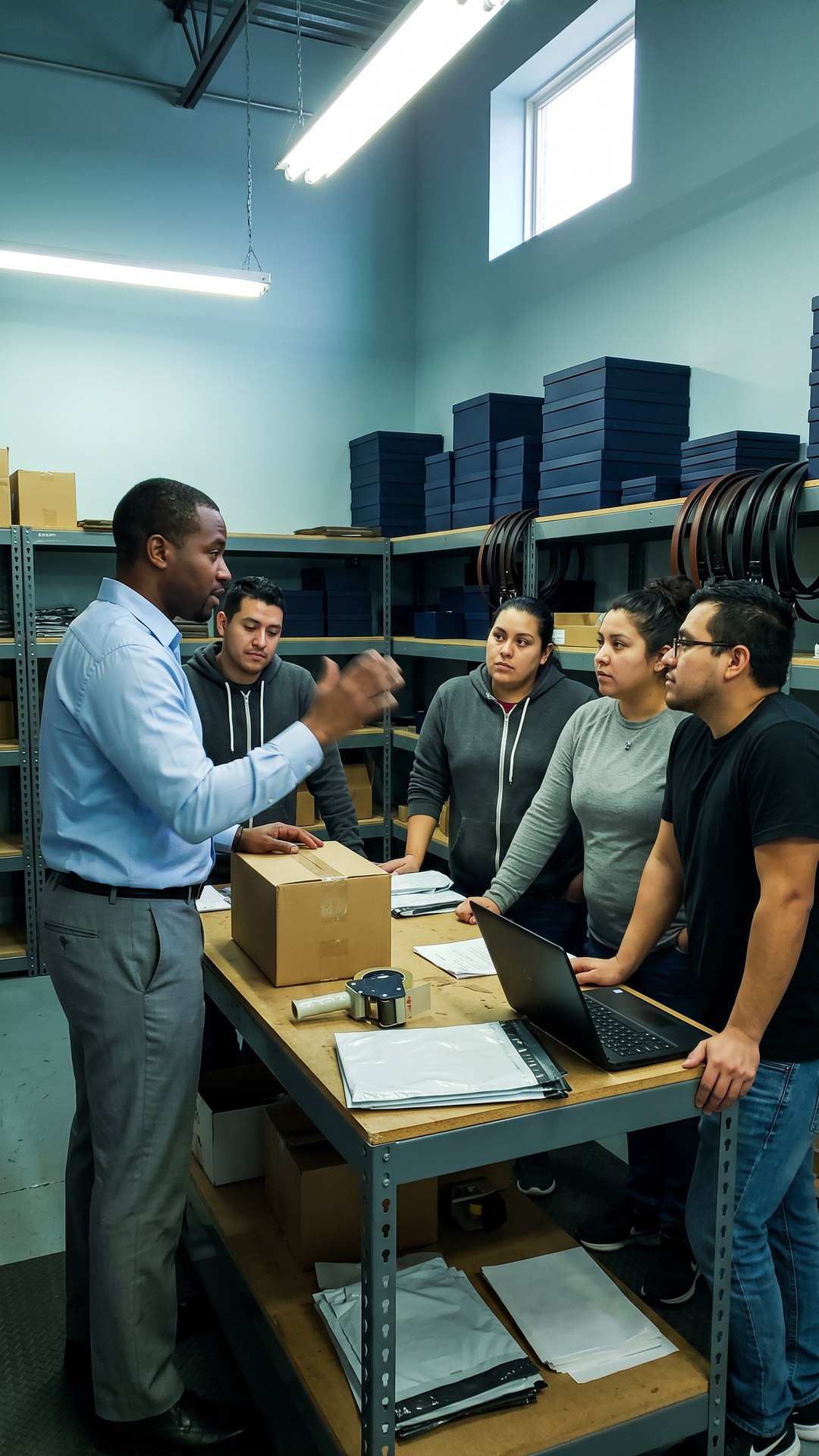 A founder briefs four coworkers around a pack-out table, leather belts and navy boxes on the racks behind them.