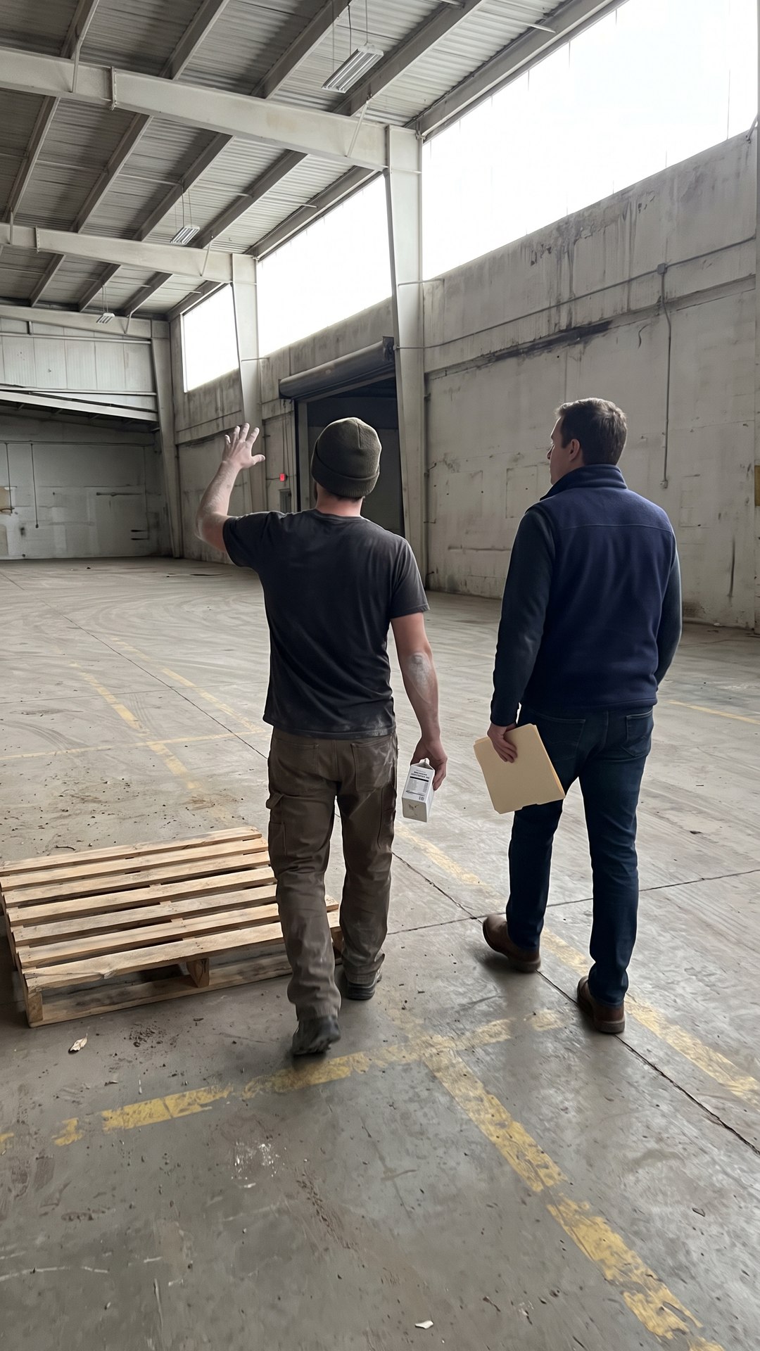 A founder walks an empty warehouse with a broker, gesturing at the ceiling, a chalk carton in his other hand.